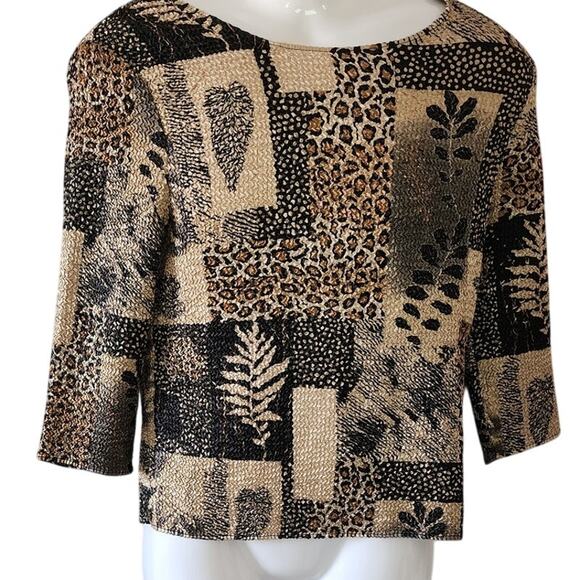 Flair VTG Womens Crinkle To leopard and leaf prints coop neck 3/4 sleeves Size S - Picture 1 of 9